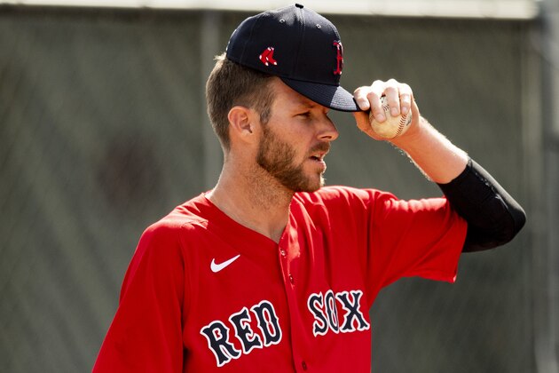 FT. MYERS, FL - FEBRUARY 20: Chris Sale #41 of the Boston Red Sox reacts during a team workout on February 20, 2020 at jetBlue Park at Fenway South in Fort Myers, Florida. (Photo by Billie Weiss/Boston Red Sox/Getty Images)