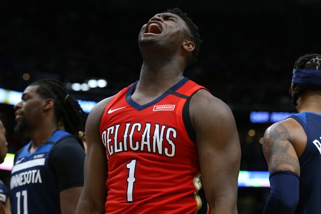 NEW ORLEANS, LOUISIANA - MARCH 03: Zion Williamson #1 of the New Orleans Pelicans reacts during a game against the Minnesota Timberwolves at the Smoothie King Center on March 03, 2020 in New Orleans, Louisiana. NOTE TO USER: User expressly acknowledges and agrees that, by downloading and or using this Photograph, user is consenting to the terms and conditions of the Getty Images License Agreement. (Photo by Jonathan Bachman/Getty Images)
