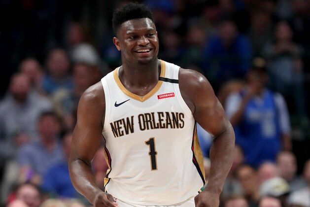 DALLAS, TEXAS - MARCH 04: Zion Williamson #1 of the New Orleans Pelicans reacts against the Dallas Mavericks in the second quarter at American Airlines Center on March 04, 2020 in Dallas, Texas. NOTE TO USER: User expressly acknowledges and agrees that, by downloading and or using this photograph, User is consenting to the terms and conditions of the Getty Images License Agreement. (Photo by Tom Pennington/Getty Images)