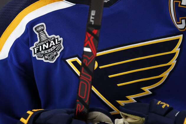 St. Louis Blues defenseman and captain Alex Pietrangelo wears the NHL Stanley Cup Final logo on his jersey during Game 3 Stanley Cup Finals against the Boston Bruins Saturday, June 1, 2019, in St. Louis. (AP Photo/Jeff Roberson)