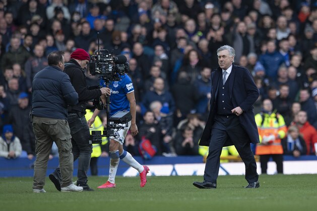 LIVERPOOL, ENGLAND - MARCH 01: Everton manager Carlo Ancelotti is sent off after the Premier League match between Everton FC and Manchester United at Goodison Park on March 01, 2020 in Liverpool, United Kingdom. (Photo by Visionhaus)