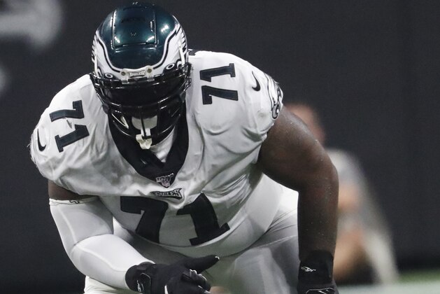 Philadelphia Eagles offensive tackle Jason Peters (71) works against Atlanta Falcons defensive end Allen Bailey (93) during the second half of an NFL football game, Sunday, Sept. 15, 2019, in Atlanta. (AP Photo/John Bazemore)