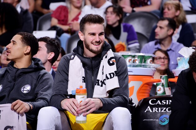PHOENIX, AZ - FEBRUARY 29: Dragan Bender #10 of the Golden State Warriors looks on during the game against the Phoenix Suns on February 29, 2020 at Talking Stick Resort Arena in Phoenix, Arizona. NOTE TO USER: User expressly acknowledges and agrees that, by downloading and or using this photograph, user is consenting to the terms and conditions of the Getty Images License Agreement. Mandatory Copyright Notice: Copyright 2020 NBAE (Photo by Michael Gonzales/NBAE via Getty Images) PHOENIX, AZ - FEBRUARY 29: Dragan Bender #10 of the Golden State Warriors looks on during the game against the Phoenix Suns on February 29, 2020 at Talking Stick Resort Arena in Phoenix, Arizona. NOTE TO USER: User expressly acknowledges and agrees that, by downloading and or using this photograph, user is consenting to the terms and conditions of the Getty Images License Agreement. Mandatory Copyright Notice: Copyright 2020 NBAE (Photo by Michael Gonzales/NBAE via Getty Images)
