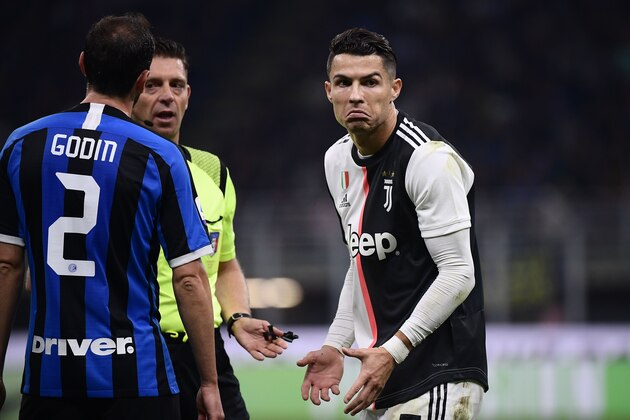 Juventus' Portuguese forward Cristiano Ronaldo reacts during the Italian Serie A football match Inter vs Juventus on October 6, 2019 at the San Siro stadium in Milan. (Photo by Marco Bertorello / AFP) (Photo by MARCO BERTORELLO/AFP via Getty Images)