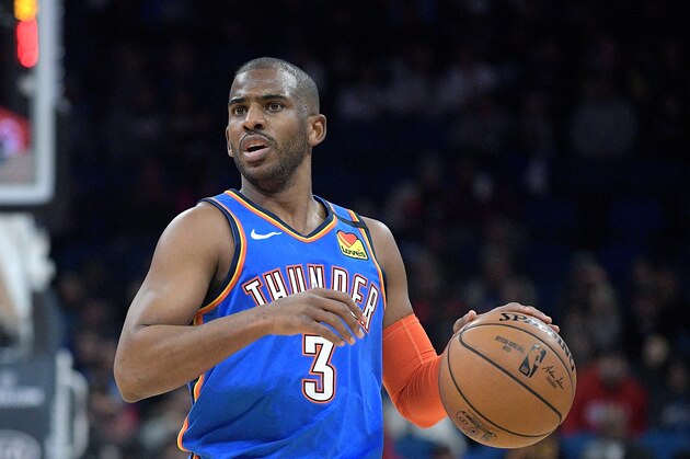 Oklahoma City Thunder guard Chris Paul (3) brings the ball up the court during the first half of an NBA basketball game against the Orlando Magic Wednesday, Jan. 22, 2020, in Orlando, Fla. (AP Photo/Phelan M. Ebenhack)