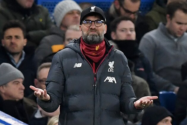 Liverpool's German manager Jurgen Klopp reacts during the English FA Cup fifth round football match between Chelsea and Liverpool at Stamford Bridge in London on March 3, 2020. (Photo by DANIEL LEAL-OLIVAS / AFP) / RESTRICTED TO EDITORIAL USE. No use with unauthorized audio, video, data, fixture lists, club/league logos or 'live' services. Online in-match use limited to 120 images. An additional 40 images may be used in extra time. No video emulation. Social media in-match use limited to 120 images. An additional 40 images may be used in extra time. No use in betting publications, games or single club/league/player publications. /  (Photo by DANIEL LEAL-OLIVAS/AFP via Getty Images)