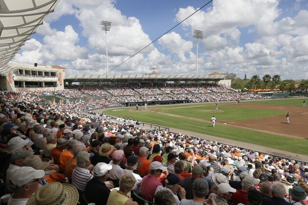 Baseballs fans watch a game between the Baltimore Orioles and the New York Yankees at Ed Smith Stadium in Sarasota, Fla., Tuesday, March 10, 2015. (AP Photo/Carlos Osorio)