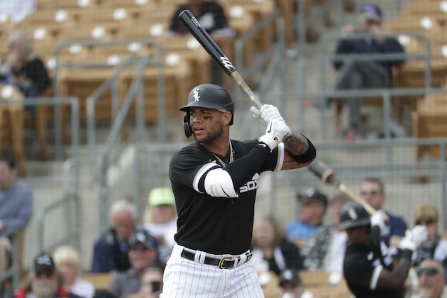Chicago White Sox Yoan Moncada against the San Diego Padres during the first inning of a spring training baseball game Monday, March 2, 2020, in Glendale, Ariz. (AP Photo/Matt York)