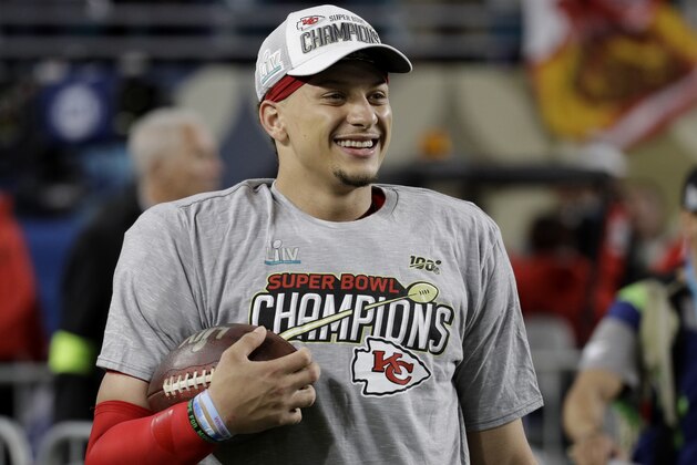 Kansas City Chiefs quarterback Patrick Mahomes walks on the turf after the NFL Super Bowl 54 football game against the San Francisco 49ers, Sunday, Feb. 2, 2020, in Miami Gardens, Fla. The Kansas City Chiefs won 31-20. (AP Photo/Patrick Semansky)