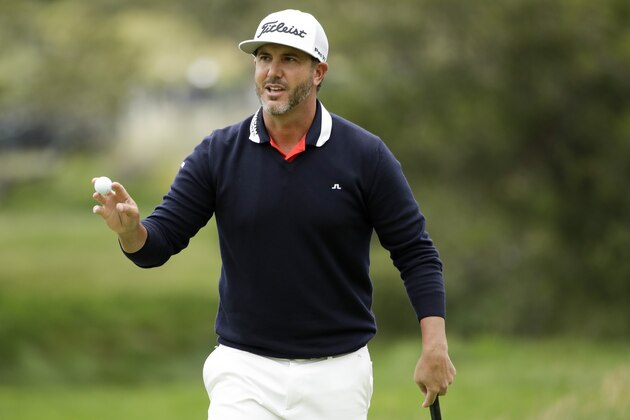 Scott Piercy waves after his putt on the second hole during the third round of the U.S. Open Championship golf tournament Saturday, June 15, 2019, in Pebble Beach, Calif. (AP Photo/Marcio Jose Sanchez)