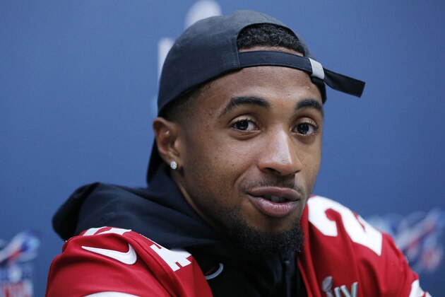 MIAMI, FLORIDA - JANUARY 30:  K'Waun Williams #24 of the San Francisco 49ers speaks to the media during the San Francisco 49ers media availability prior to Super Bowl LIV at the James L. Knight Center on January 30, 2020 in Miami, Florida. (Photo by Michael Reaves/Getty Images)