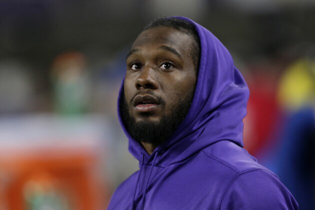 Injured Minnesota Vikings running back Dalvin Cook sits on the bench during the second half of an NFL football game against the Green Bay Packers, Monday, Dec. 23, 2019, in Minneapolis. (AP Photo/Andy Clayton-King)