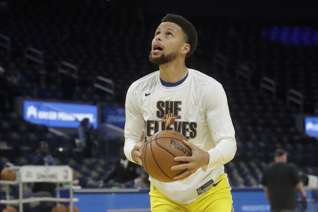 Injured Golden State Warriors guard Stephen Curry warms up before his team's NBA basketball game against the Washington Wizards in San Francisco, Sunday, March 1, 2020. (AP Photo/Jeff Chiu)