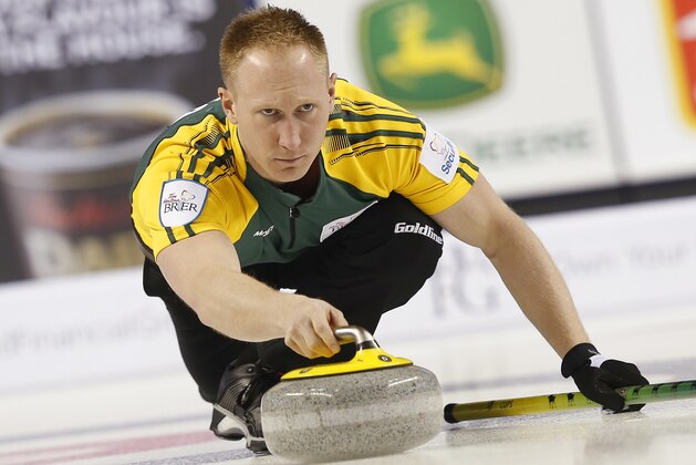CALGARY, AB - MARCH 8: Northern Ontario skip Brad Jacobs delivers his shot in their gold medal game against Team Canada in curling during the Tim Horton's Brier at the Scotiabank Saddledome on March 8, 2015 in Calgary, Alberta, Canada. (Photo by Todd Korol/Getty Images)