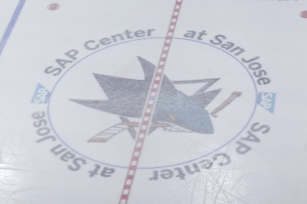SAN JOSE, CA - MAY 06: A shot of the logo belonging to the San Jose Sharks in the center of the ice after the Vegas Golden Knights defeat the San Jose Sharks in Game Six of the Western Conference Second Round during the 2018 NHL Stanley Cup Playoffs at SAP Center on May 6, 2018 in San Jose, California. (Photo by Rocky W. Widner/NHL/Getty Images) *** Local Caption ***