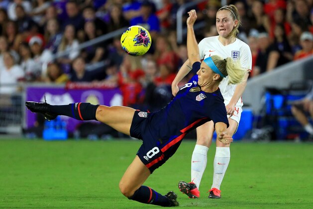 ORLANDO, FLORIDA - MARCH 05: Julie Ertz #8 of the United States blocks a pass during a match against England in the SheBelieves Cup at Exploria Stadium on March 05, 2020 in Orlando, Florida. (Photo by Mike Ehrmann/Getty Images) ORLANDO, FLORIDA - MARCH 05: Julie Ertz #8 of the United States blocks a pass during a match against England in the SheBelieves Cup at Exploria Stadium on March 05, 2020 in Orlando, Florida. (Photo by Mike Ehrmann/Getty Images)