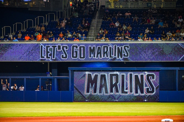 MIAMI, FL - JUNE 07: A general view of the Miami Marlins logo during the game against the Atlanta Braves at Marlins Park on June 7, 2019 in Miami, Florida. (Photo by Mark Brown/Getty Images)
