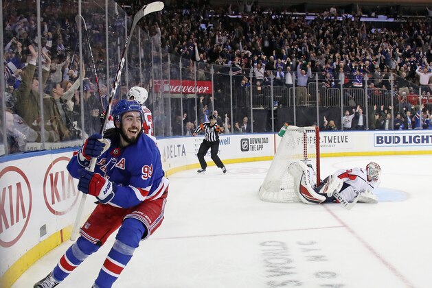 NEW YORK, NEW YORK - MARCH 05: Mika Zibanejad #93 of the New York Rangers scores his fifth goal of the game in overtime to defeat Ilya Samsonov #30 and the Washington Capitals 5-4 at Madison Square Garden on March 05, 2020 in New York City. (Photo by Bruce Bennett/Getty Images)