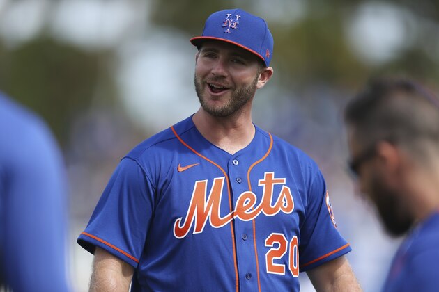New York Mets' Pete Alonso before a spring training baseball game against the Miami Marlins on Saturday, Feb 22, 2020, in Port St. Lucie, Fla. The Marlins won 5-3. (AP Photo/Vera Nieuwenhuis)