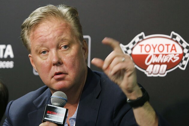 CEO and Chairman of NASCAR, Brian France, speaks to the media during a news conference prior to the NASCAR Cup Series auto race at Richmond International Raceway in Richmond, Va., Sunday, April 30, 2017. (AP Photo/Steve Helber)