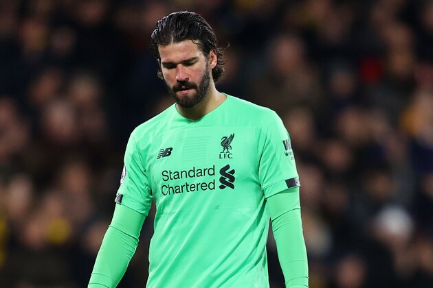 WATFORD, ENGLAND - FEBRUARY 29: Alisson Becker of Liverpool looks dejected during the Premier League match between Watford FC and Liverpool FC at Vicarage Road on February 29, 2020 in Watford, United Kingdom. (Photo by Richard Heathcote/Getty Images)