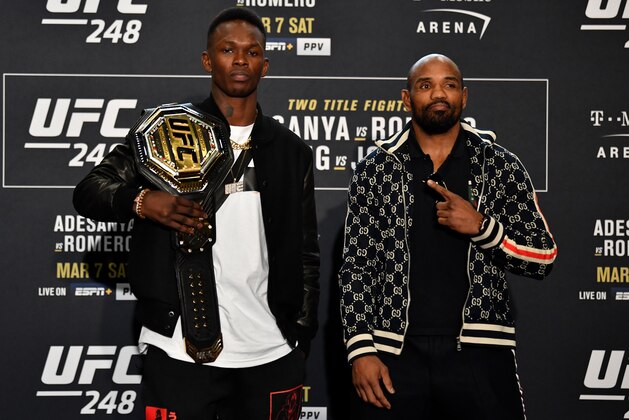 LAS VEGAS, NV - MARCH 05:  (L-R) UFC middleweight champion Israel Adesanya of Nigeria-New Zealand and Yoel Romero of Cuba pose for media during the UFC 248 Ultimate Media Day at UFC APEX on March 5, 2020 in Las Vegas, Nevada. (Photo by Jeff Bottari/Zuffa LLC via Getty Images)