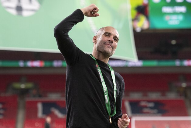 LONDON, ENGLAND - MARCH 01: Manchester City Manager Pep Guardiola celebrates victory after the Carabao Cup Final between Aston Villa and Manchester City at Wembley Stadium on March 01, 2020 in London, England. (Photo by Visionhaus)
