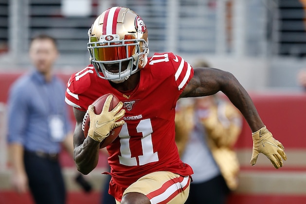 SANTA CLARA, CALIFORNIA - NOVEMBER 11: Marquise Goodwin #11 of the San Francisco 49ers warms up before the game against the Seattle Seahawks at Levi's Stadium on November 11, 2019 in Santa Clara, California. (Photo by Lachlan Cunningham/Getty Images)