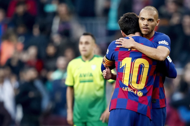 BARCELONA, SPAIN - FEBRUARY 22: Lionel Messi of FC Barcelona, Martin Braithwaite of FC Barcelona celebrates the victory  during the La Liga Santander  match between FC Barcelona v Eibar at the Camp Nou on February 22, 2020 in Barcelona Spain (Photo by David S. Bustamante/Soccrates/Getty Images)