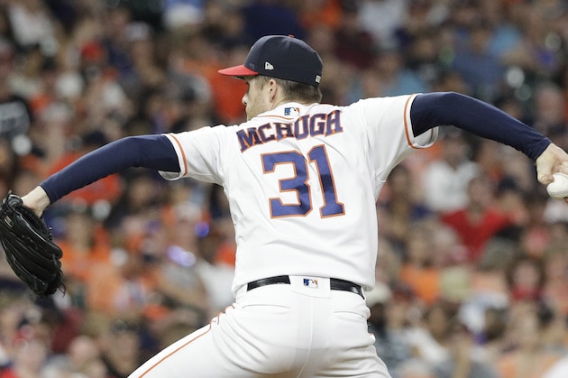 Houston Astros relief pitcher Collin McHugh throws against the Los Angeles Angels after a baseball game against the Los Angeles Angels Saturday, July 6, 2019, in Houston. The Astros won 4-0. (AP Photo/David J. Phillip) Houston Astros relief pitcher Collin McHugh throws against the Los Angeles Angels after a baseball game against the Los Angeles Angels Saturday, July 6, 2019, in Houston. The Astros won 4-0. (AP Photo/David J. Phillip)
