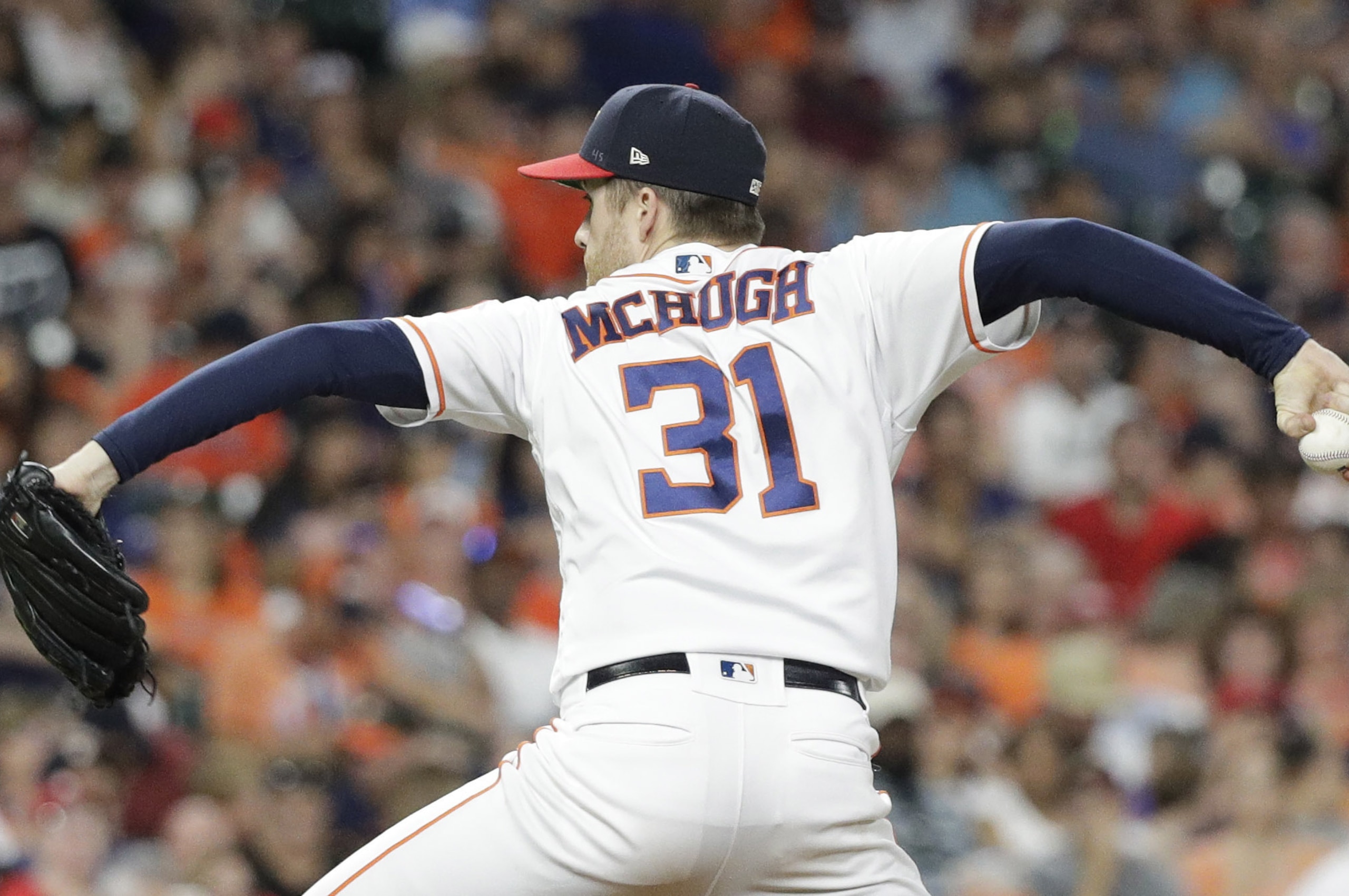 Houston Astros relief pitcher Collin McHugh throws against the Los Angeles Angels after a baseball game against the Los Angeles Angels Saturday, July 6, 2019, in Houston. The Astros won 4-0. (AP Photo/David J. Phillip)