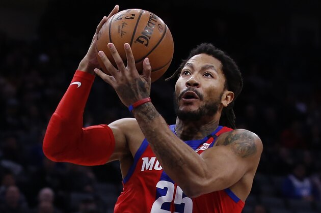 Detroit Pistons guard Derrick Rose goes to the basket during the first half of an NBA basketball game against the Sacramento Kings in Sacramento, Calif., Sunday, March 1, 2020.The Kings won 106-100. (AP Photo/Rich Pedroncelli)