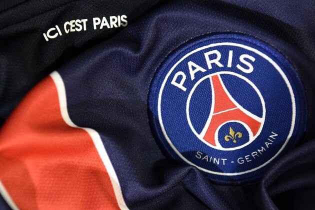 A photo taken on August 6, 2015 in Paris, shows a partial view of the new jersey of the Paris Saint Germain (PSG) football team. AFP PHOTO / FRANCK FIFE        (Photo credit should read FRANCK FIFE/AFP via Getty Images)