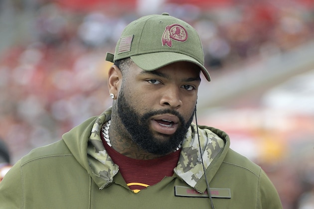 FILE - In this Nov. 11, 2018, file photo, Washington Redskins offensive tackle Trent Williams is shown on the sideline during the second half of an NFL football game against the Tampa Bay Buccaneers, in Tampa, Fla. Williams did not report to training camp Thursday, July 25, 2019, amid a contract dispute. (AP Photo/Phelan M. Ebenhack, File)