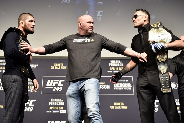 LAS VEGAS, NEVADA - MARCH 06: (L-R) Opponents Khabib Nurmagomedov and Tony Ferguson face off during the UFC 249 press conference at T-Mobile Arena on March 06, 2020 in Las Vegas, Nevada. (Photo by Chris Unger/Zuffa LLC)