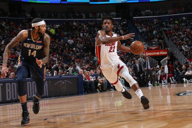 NEW ORLEANS, LA - MARCH 6: Jimmy Butler #22 of the Miami Heat drives to the basket against the New Orleans Pelicans on March 6, 2020 at the Smoothie King Center in New Orleans, Louisiana. NOTE TO USER: User expressly acknowledges and agrees that, by downloading and or using this Photograph, user is consenting to the terms and conditions of the Getty Images License Agreement. Mandatory Copyright Notice: Copyright 2020 NBAE (Photo by Layne Murdoch Jr./NBAE via Getty Images)
