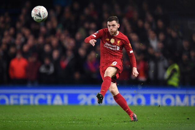 LONDON, ENGLAND - MARCH 03:  Andy Robertson of Liverpool passes the ball during the FA Cup Fifth Round match between Chelsea FC and Liverpool FC at Stamford Bridge on March 03, 2020 in London, England. (Photo by Shaun Botterill/Getty Images)