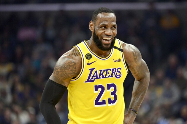 Los Angeles Lakers forward LeBron James (23) reacts in the second half of an NBA basketball game against the Memphis Grizzlies Saturday, Feb. 29, 2020, in Memphis, Tenn. (AP Photo/Brandon Dill)