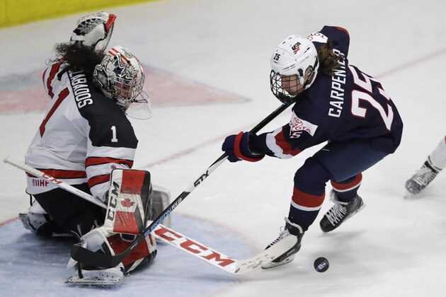 Canada goalie Shannon Szabados (1) stops a shot by U.S. forward Alex Carpenter (25) during the third period of the gold-medal game of the women's world hockey championships, Friday, April 7, 2017, in Plymouth, Mich. (AP Photo/Carlos Osorio)