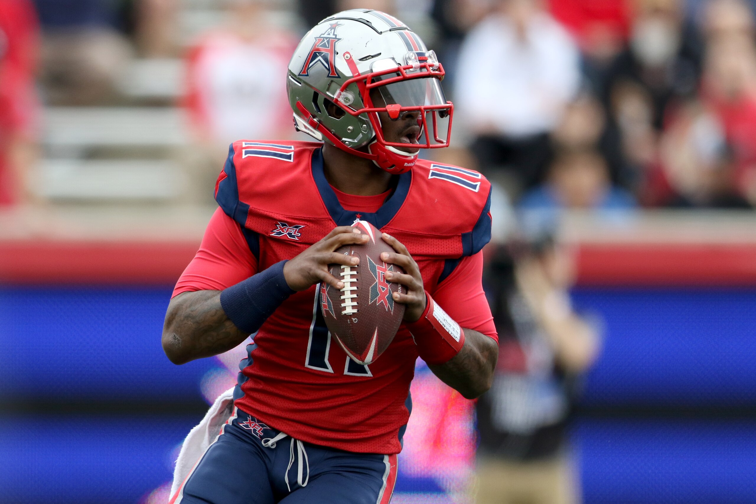 HOUSTON, TX - MARCH 7: P.J. Walker #11 of the Houston Roughnecks looking to pass during the XFL game against the Seattle Dragons at TDECU Stadium on March 7, 2020 in Houston, Texas. (Photo by Michael Starghill/XFL via Getty Images) HOUSTON, TX - MARCH 7: P.J. Walker #11 of the Houston Roughnecks looking to pass during the XFL game against the Seattle Dragons at TDECU Stadium on March 7, 2020 in Houston, Texas. (Photo by Michael Starghill/XFL via Getty Images)