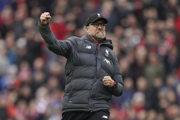 Liverpool's manager Jurgen Klopp celebrates at the end of the English Premier League soccer match between Liverpool and Bournemouth at Anfield stadium in Liverpool, England, Saturday, March 7, 2020. Liverpool won 2-1. (AP Photo/Jon Super) Liverpool's manager Jurgen Klopp celebrates at the end of the English Premier League soccer match between Liverpool and Bournemouth at Anfield stadium in Liverpool, England, Saturday, March 7, 2020. Liverpool won 2-1. (AP Photo/Jon Super)