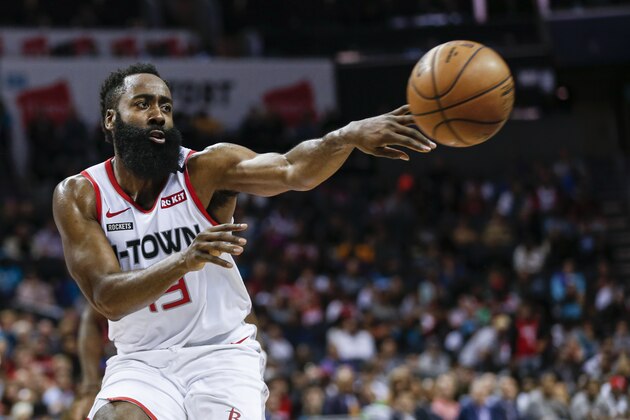 Houston Rockets guard James Harden passes against the Charlotte Hornets during the second half of an NBA basketball game in Charlotte, N.C., Saturday, March 7, 2020. Charlotte won 108-99. (AP Photo/Nell Redmond)