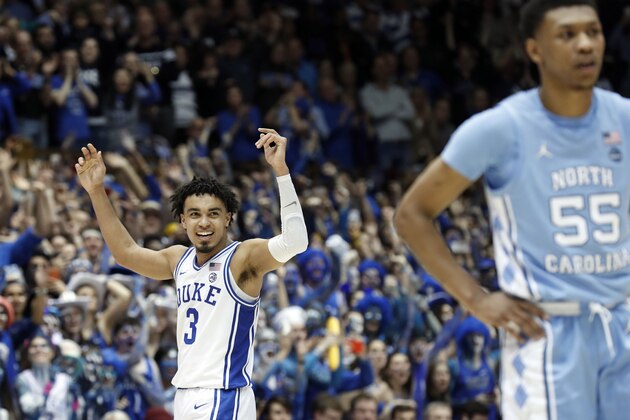 Duke guard Tre Jones (3) reacts during the second half of an NCAA college basketball game while North Carolina guard Christian Keeling (55) looks away in Durham, N.C., Saturday, March 7, 2020. (AP Photo/Gerry Broome) Duke guard Tre Jones (3) reacts during the second half of an NCAA college basketball game while North Carolina guard Christian Keeling (55) looks away in Durham, N.C., Saturday, March 7, 2020. (AP Photo/Gerry Broome)