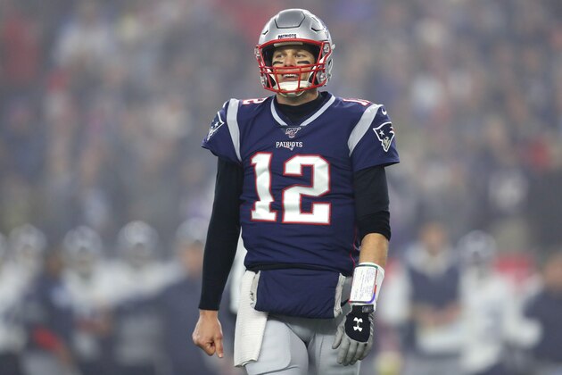 FOXBOROUGH, MASSACHUSETTS - JANUARY 04: Tom Brady #12 of the New England Patriots reacts during the the AFC Wild Card Playoff game against the Tennessee Titans at Gillette Stadium on January 04, 2020 in Foxborough, Massachusetts. (Photo by Maddie Meyer/Getty Images)