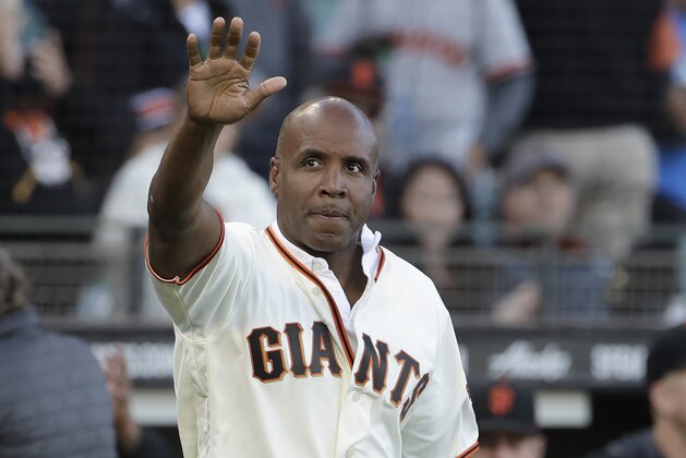 Former San Francisco Giants player Barry Bonds before a baseball game between the Giants and the Chicago Cubs in San Francisco, Tuesday, July 23, 2019. (AP Photo/Jeff Chiu)