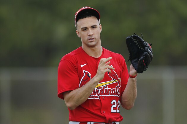 JUPITER, FLORIDA - FEBRUARY 19:  Jack Flaherty #22 of the St. Louis Cardinals looks on during a team workout at Roger Dean Chevrolet Stadium on February 19, 2020 in Jupiter, Florida. (Photo by Michael Reaves/Getty Images)
