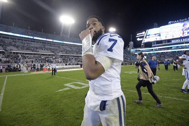 Indianapolis Colts quarterback Jacoby Brissett (7) leaves the field after an NFL football game against the Jacksonville Jaguars Sunday, Dec. 29, 2019, in Jacksonville, Fla. (AP Photo/Phelan M. Ebenhack) Indianapolis Colts quarterback Jacoby Brissett (7) leaves the field after an NFL football game against the Jacksonville Jaguars Sunday, Dec. 29, 2019, in Jacksonville, Fla. (AP Photo/Phelan M. Ebenhack)
