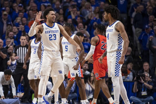 LEXINGTON, KY - FEBRUARY 29: EJ Montgomery #23 and Nick Richards #4 of the Kentucky Wildcats celebrate during the game against the Auburn Tigers at Rupp Arena on February 29, 2020 in Lexington, Kentucky. (Photo by Michael Hickey/Getty Images)