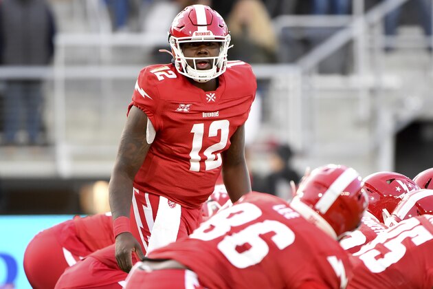 DC Defenders quarterback Cardale Jones (12) calls a play to teammates during an XFL football game against the Seattle Dragons, Saturday, Feb. 8, 2020, in Washington. (AP Photo/Will Newton)