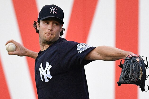 TAMPA, FLORIDA - FEBRUARY 24: Gerrit Cole #45 of the New York Yankees warms up before the spring training game against the Pittsburgh Pirates at Steinbrenner Field on February 24, 2020 in Tampa, Florida. (Photo by Mark Brown/Getty Images)